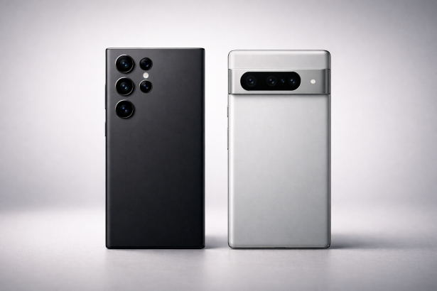 Editorial image showing a Samsung Galaxy smartphone and a Pixel device side by side on a neutral background, shallow depth of field, no logos emphasized, no text overlay.
