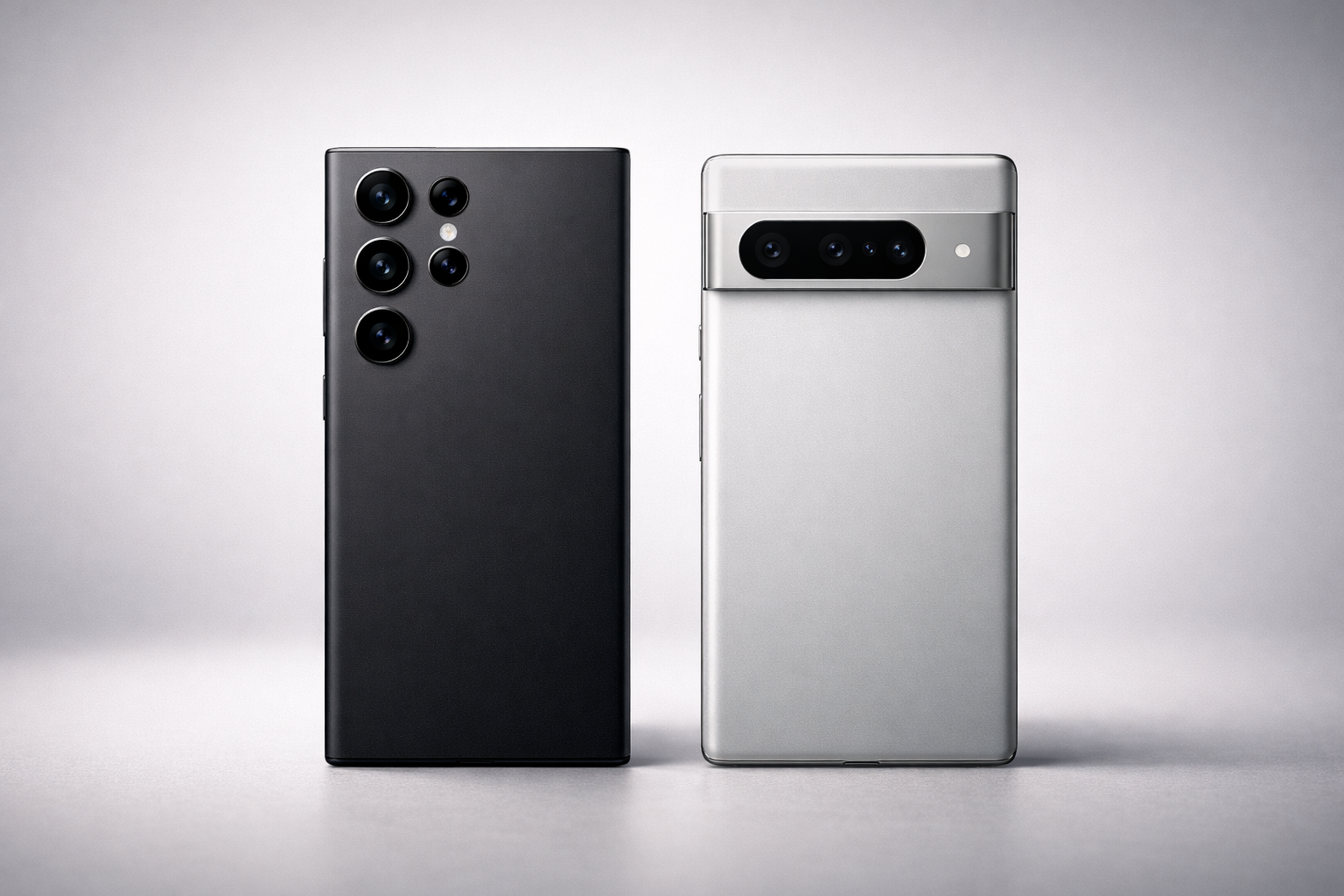 Editorial image showing a Samsung Galaxy smartphone and a Pixel device side by side on a neutral background, shallow depth of field, no logos emphasized, no text overlay.